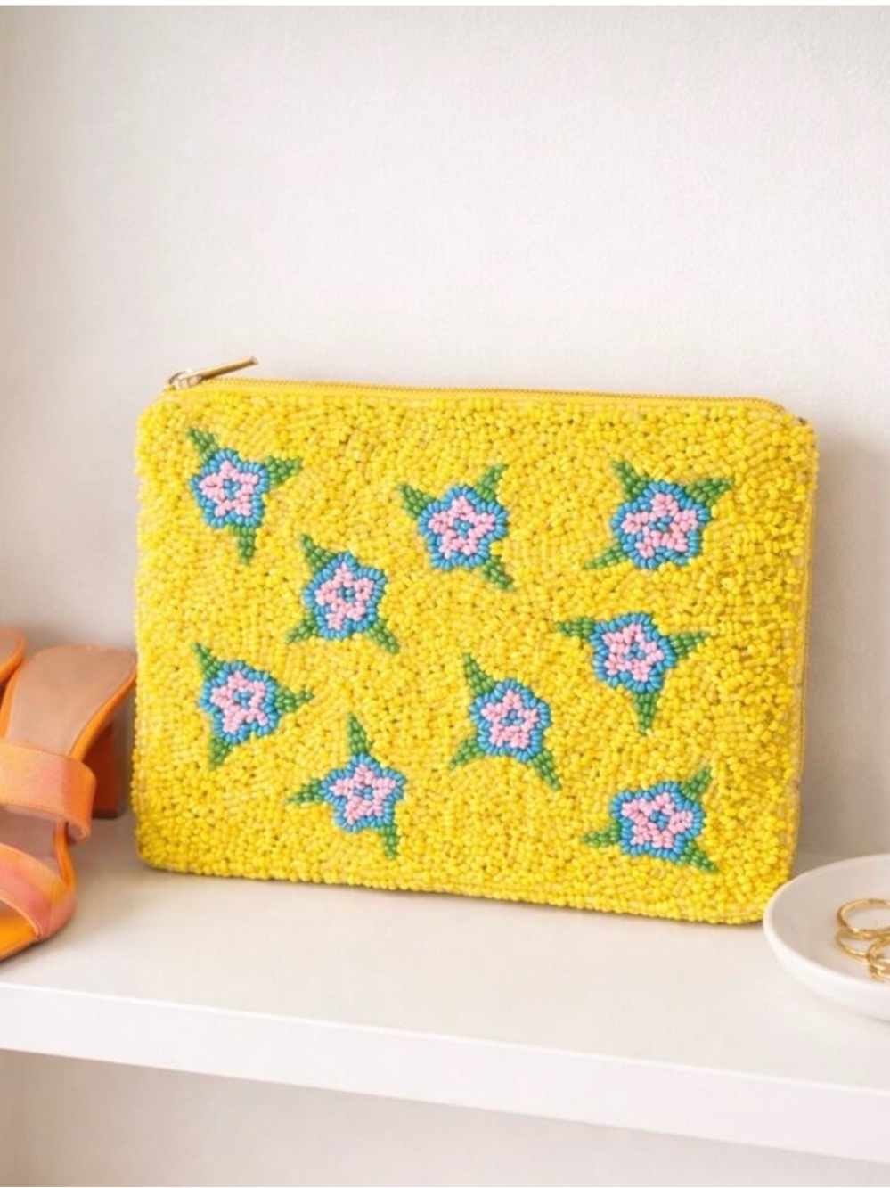 Kay Lee Yellow Floral Beaded Clutch Bag NWT